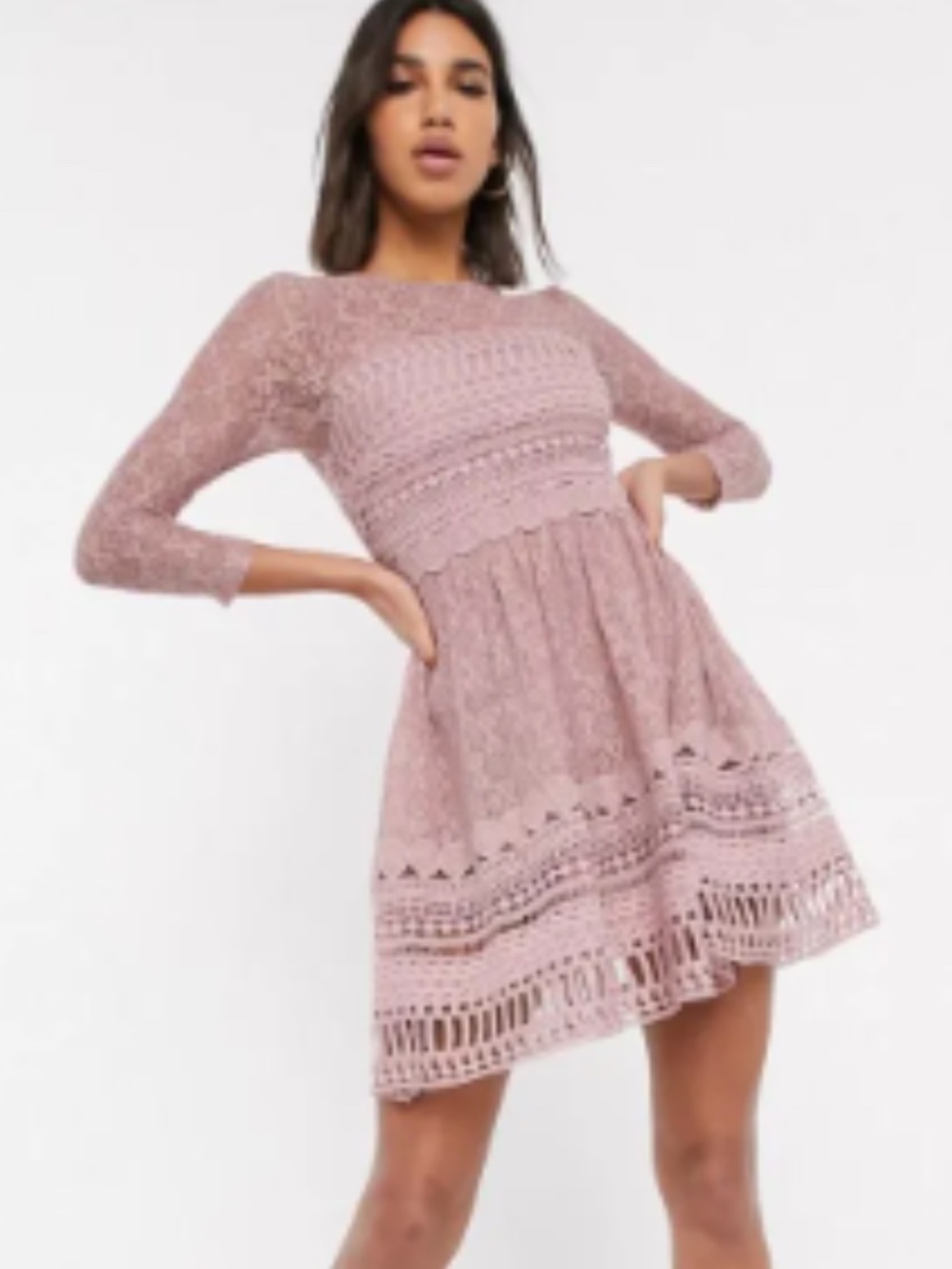 ASOS NEW Dusty Rose Lace Sheer 3/4 Sleeve Romantic Coquette Skater Dress Size 4